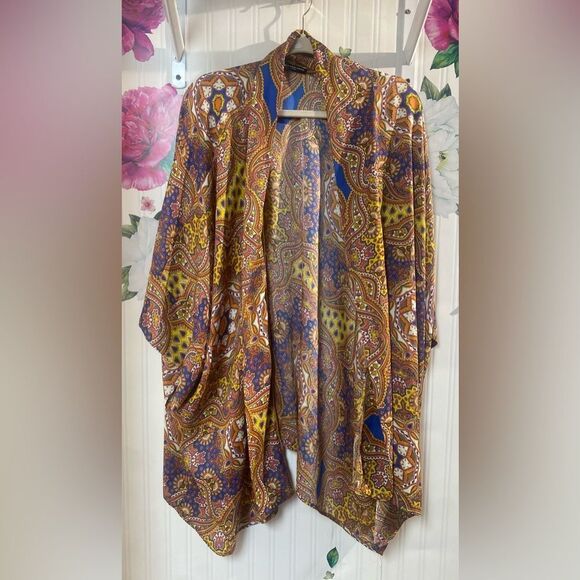 Cha Cha Vente Floral Open Front Lined Kimono Colorful Paisley Sz L - Picture 1 of 4
